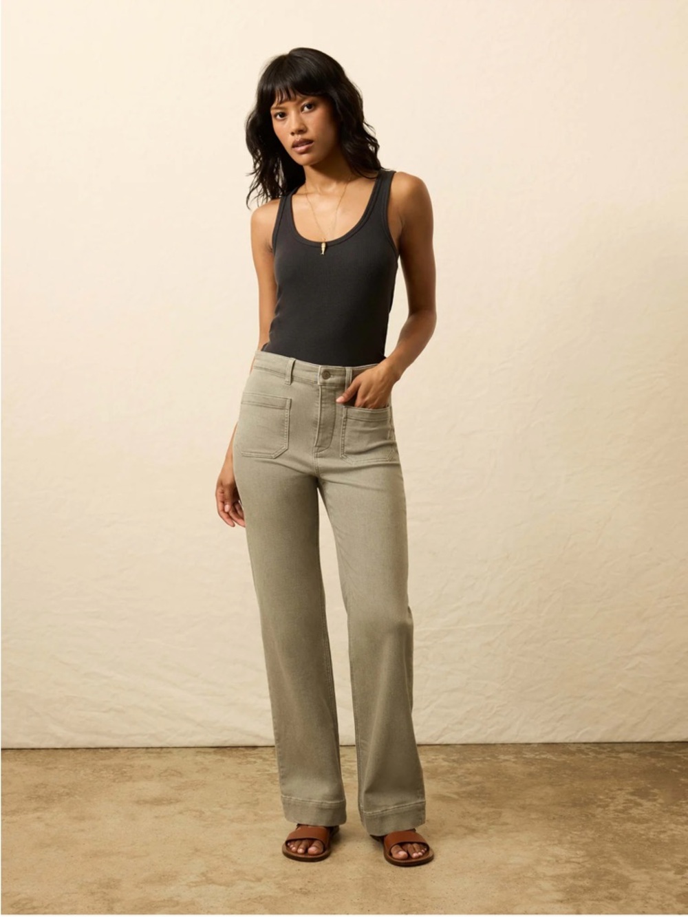 Faherty Wide Leg High-Rise Pants in Light Olive